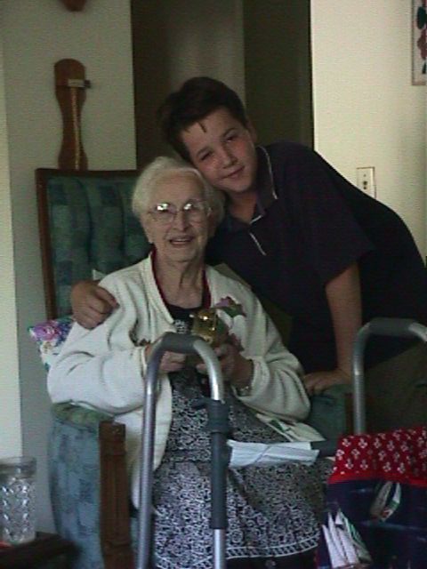 Nanny (my great-grandmother) and Justin (my brother) 7-99